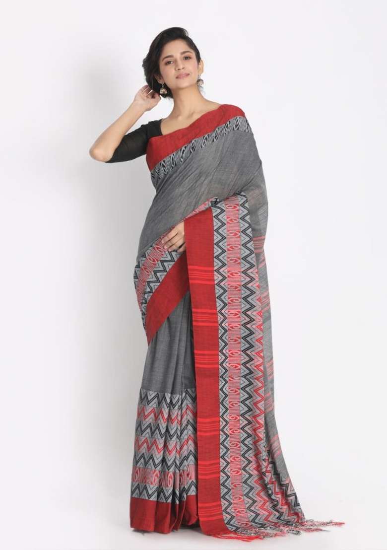 Grey Jacquard Cotton Saree Set - Indya