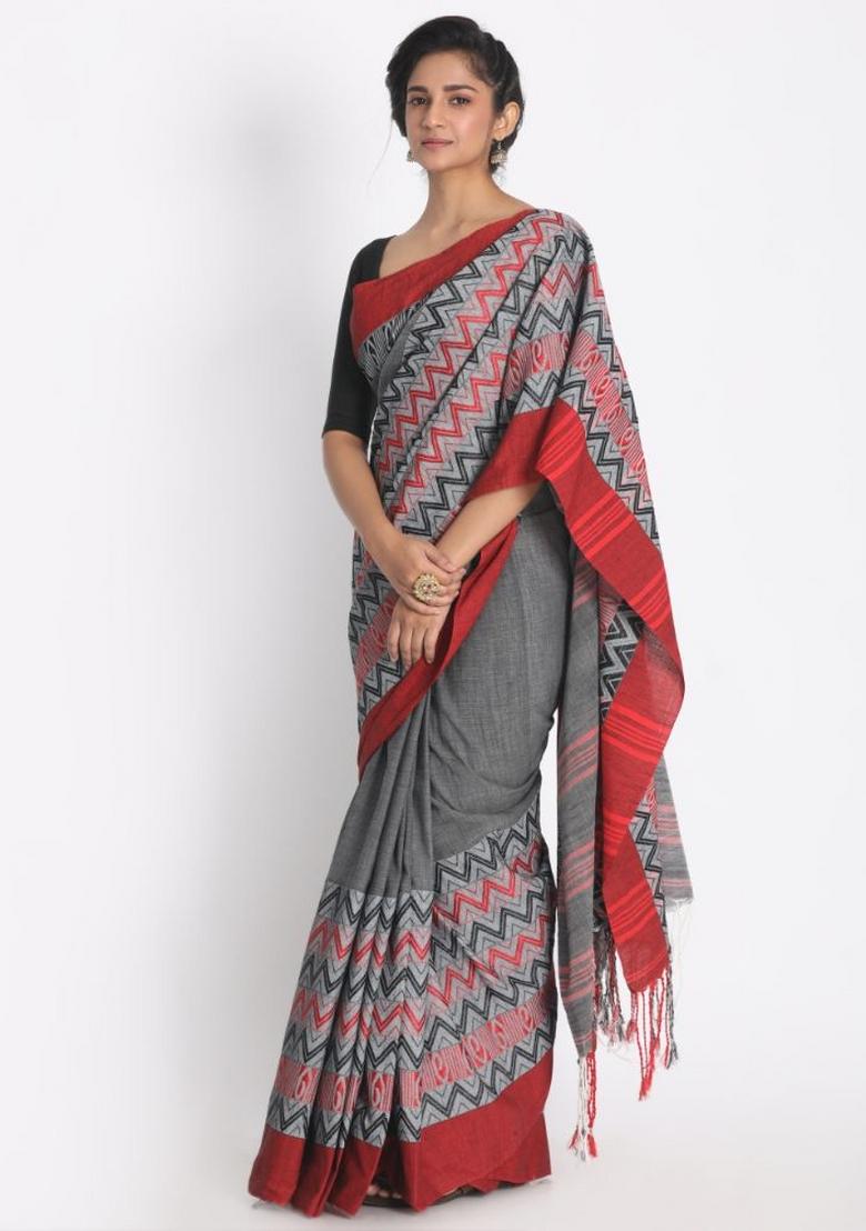 Grey Jacquard Cotton Saree Set