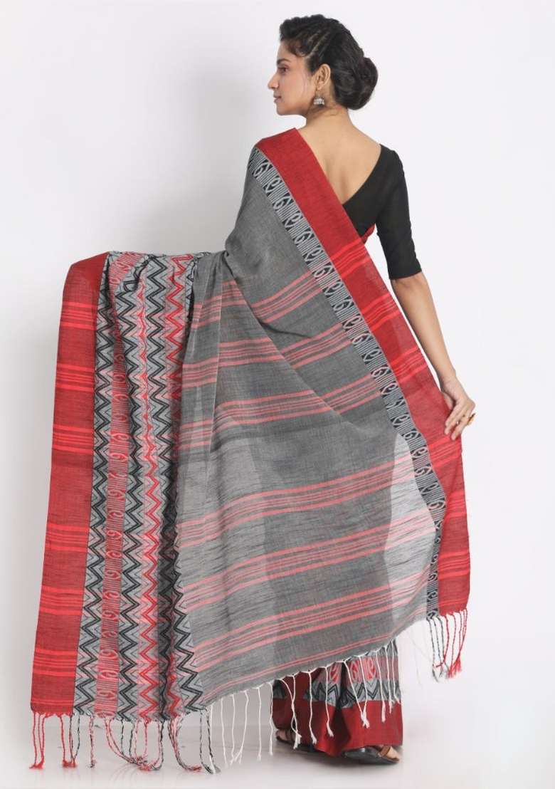 Grey Jacquard Cotton Saree Set - Indya