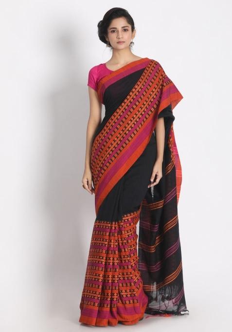 Black Jacquard Cotton Saree Set