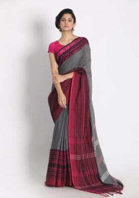 Grey Jacquard Cotton Saree Set