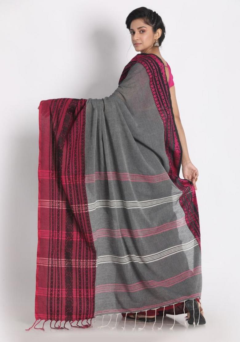 Grey Jacquard Cotton Saree Set