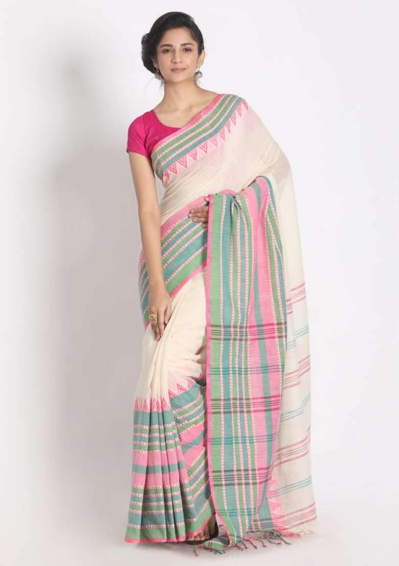 White Jacquard Cotton Saree Set - Indya