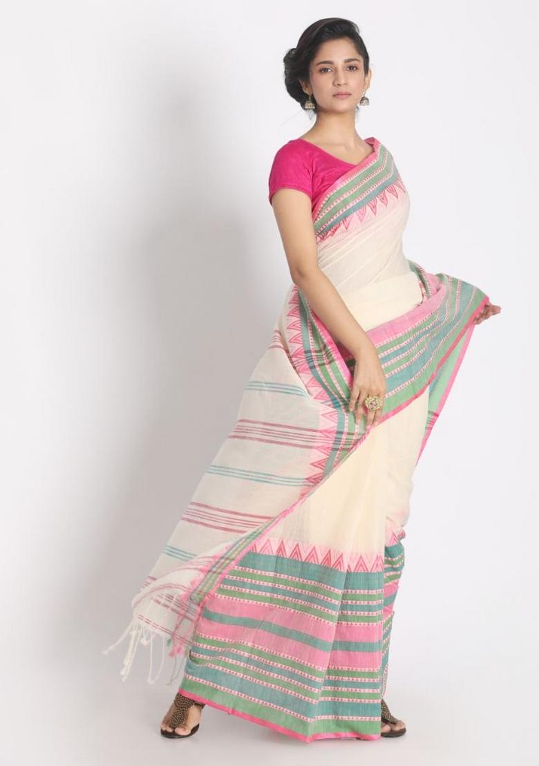 White Jacquard Cotton Saree Set