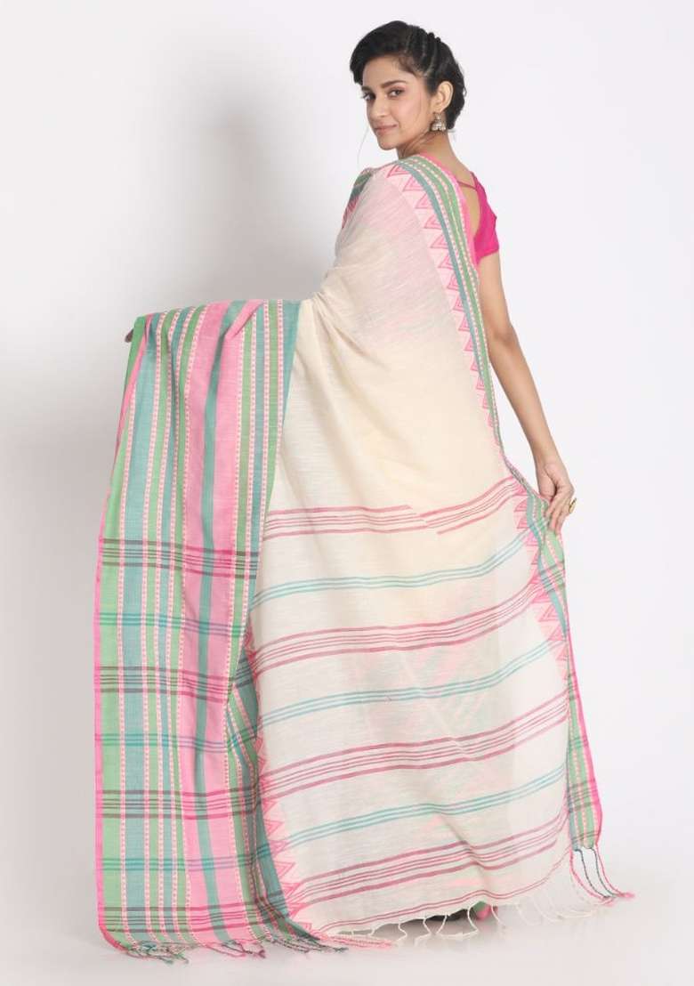 White Jacquard Cotton Saree Set - Indya