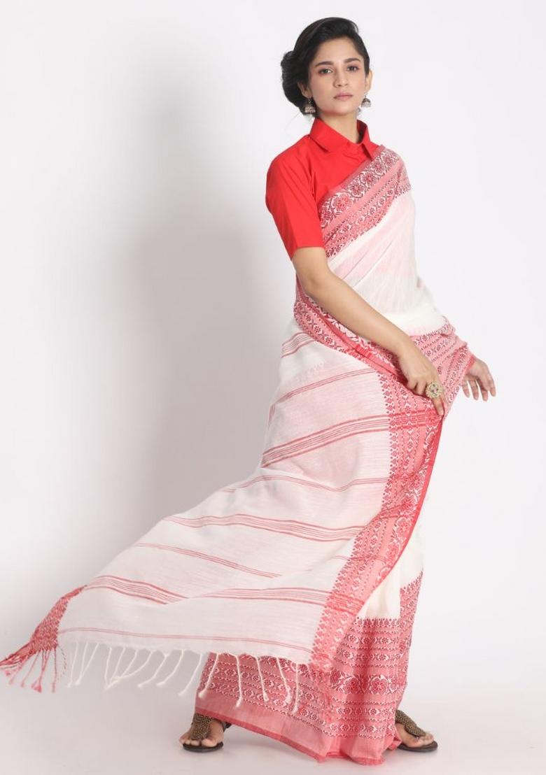 White Jacquard Cotton Saree Set