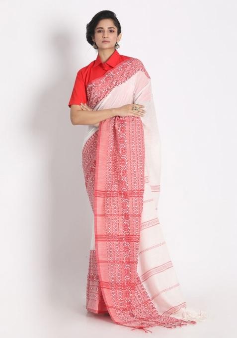 White Jacquard Cotton Saree Set