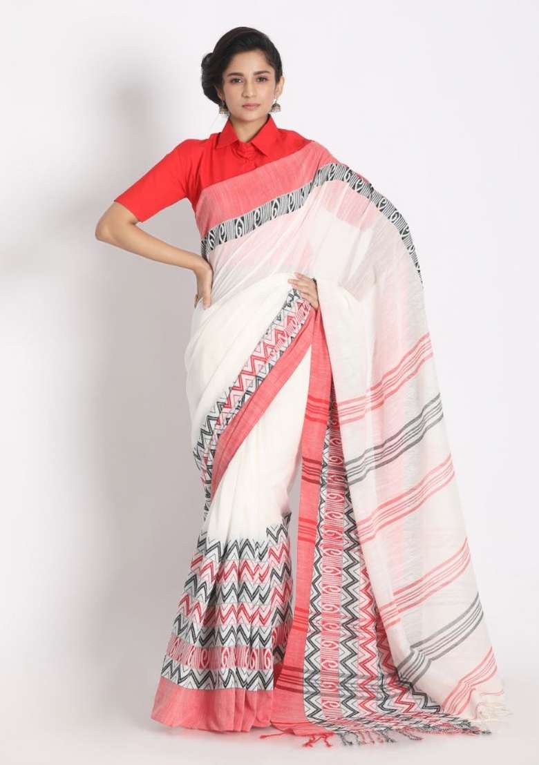 White Jacquard Cotton Saree Set - Indya