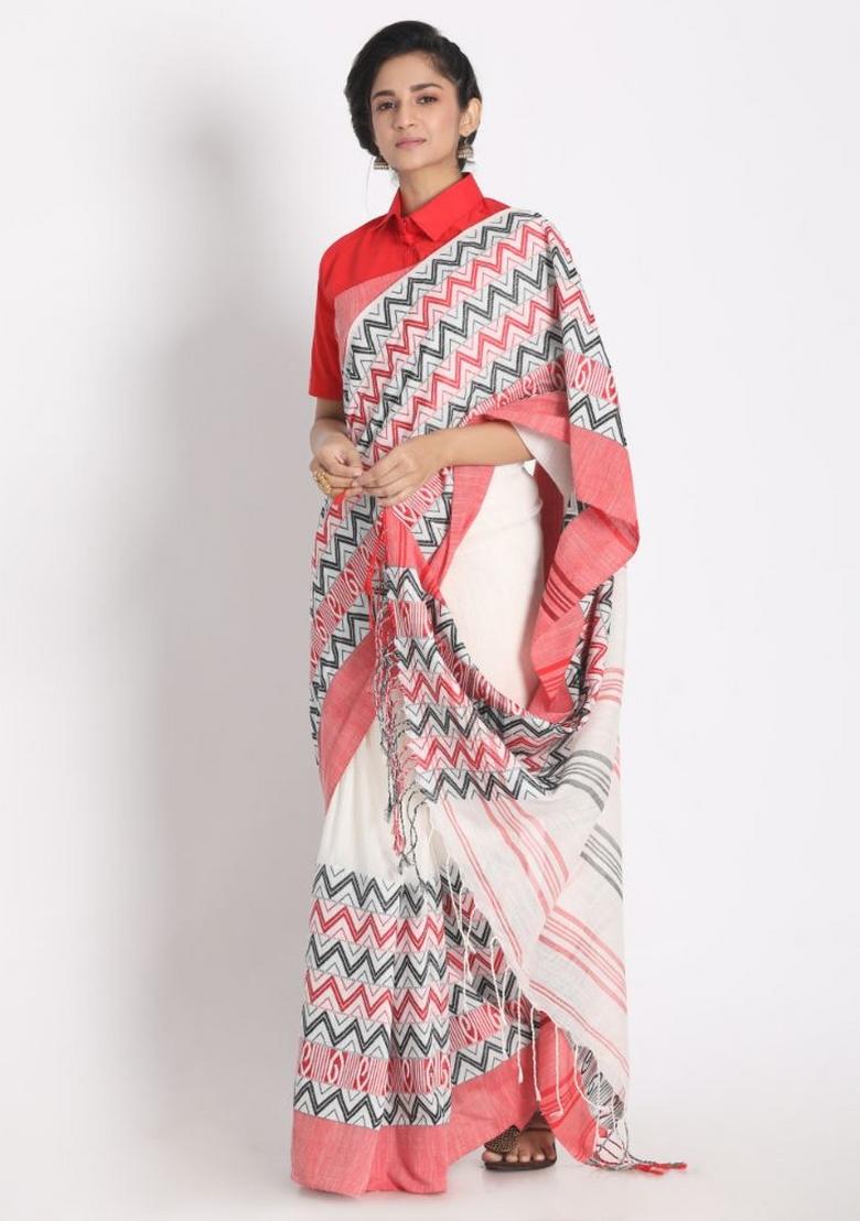 White Jacquard Cotton Saree Set