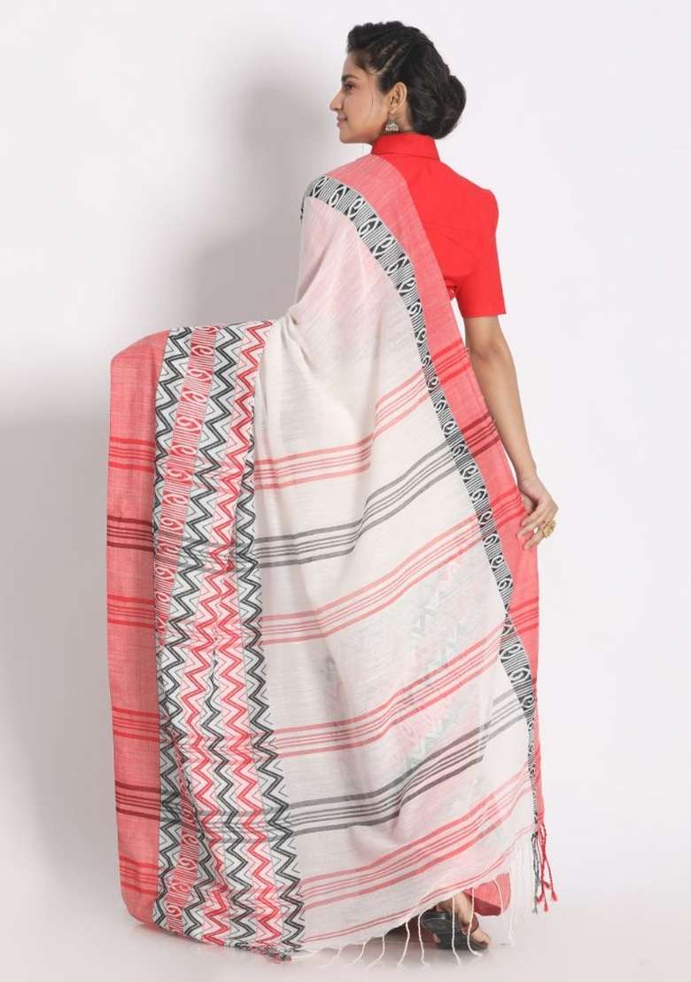 White Jacquard Cotton Saree Set - Indya