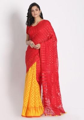 Red Yellow Embroidered Cotton Saree