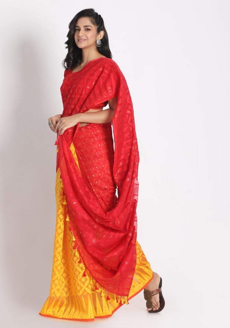 Red Yellow Embroidered Cotton Saree