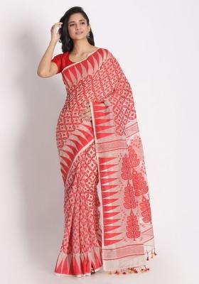 Beige Red Embroidered Cotton Saree