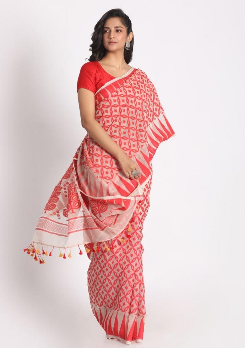 Beige Red Embroidered Cotton Saree