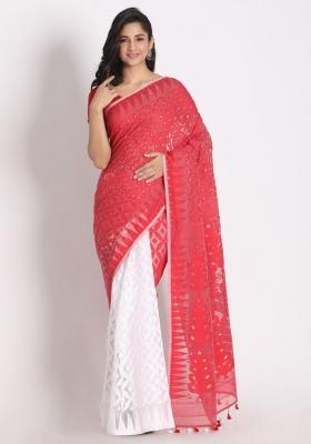 Red White Embroidered Cotton Saree