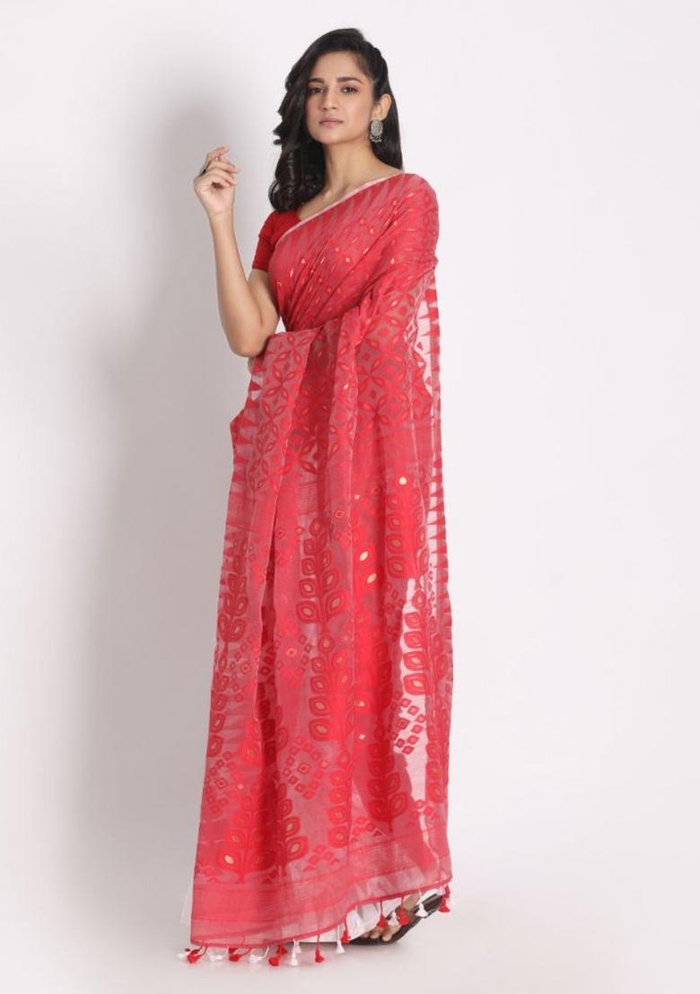 Red White Embroidered Cotton Saree