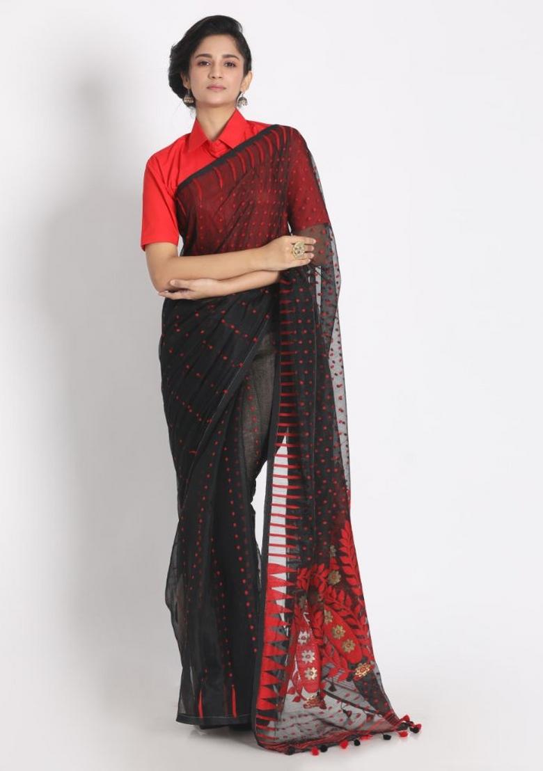 Black Embroidered Cotton Saree