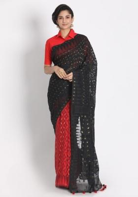 Black Red Embroidered Cotton Saree