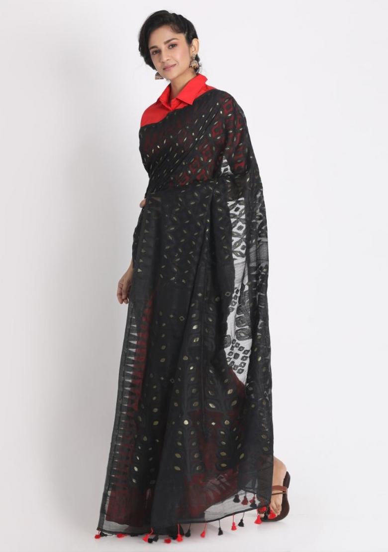 Black Red Embroidered Cotton Saree