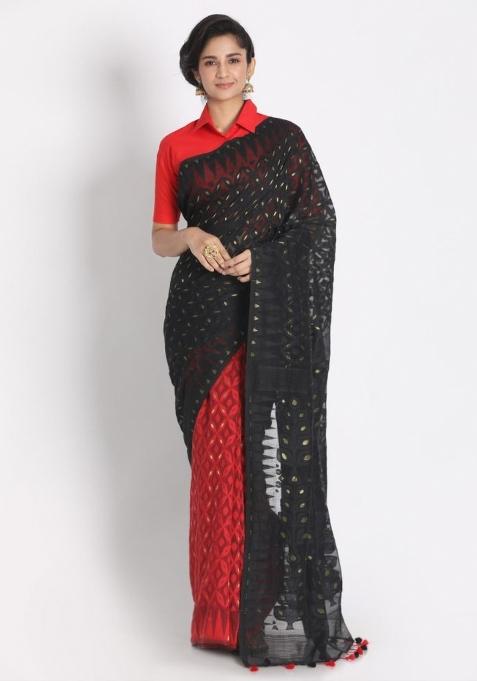 Black Red Embroidered Cotton Saree