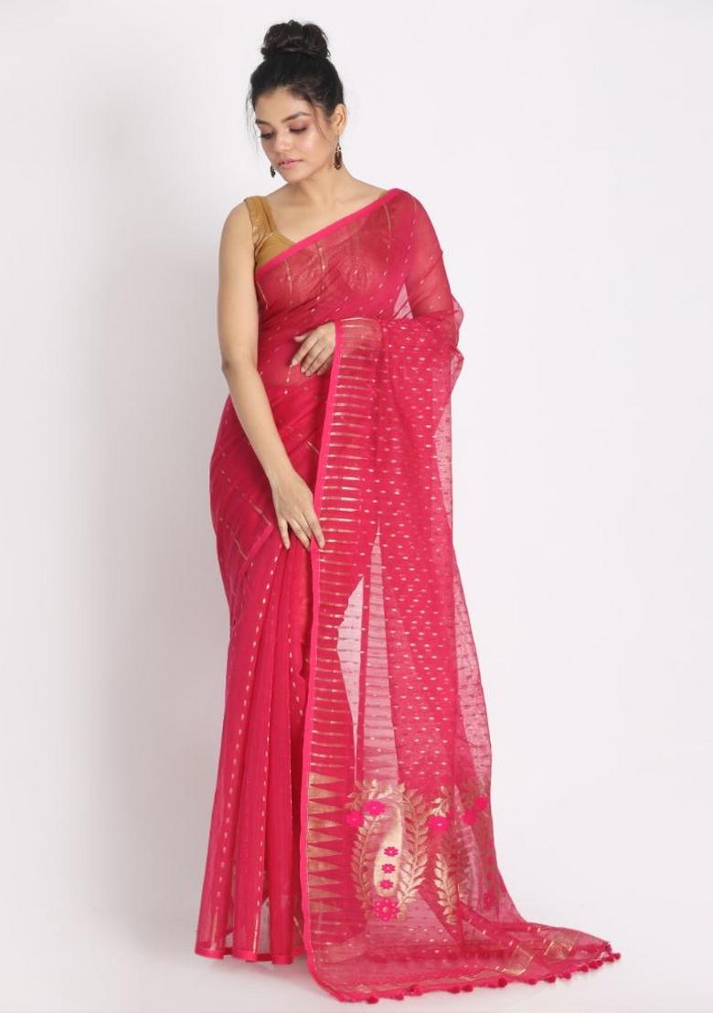 Rani Pink Embroidered Cotton Saree