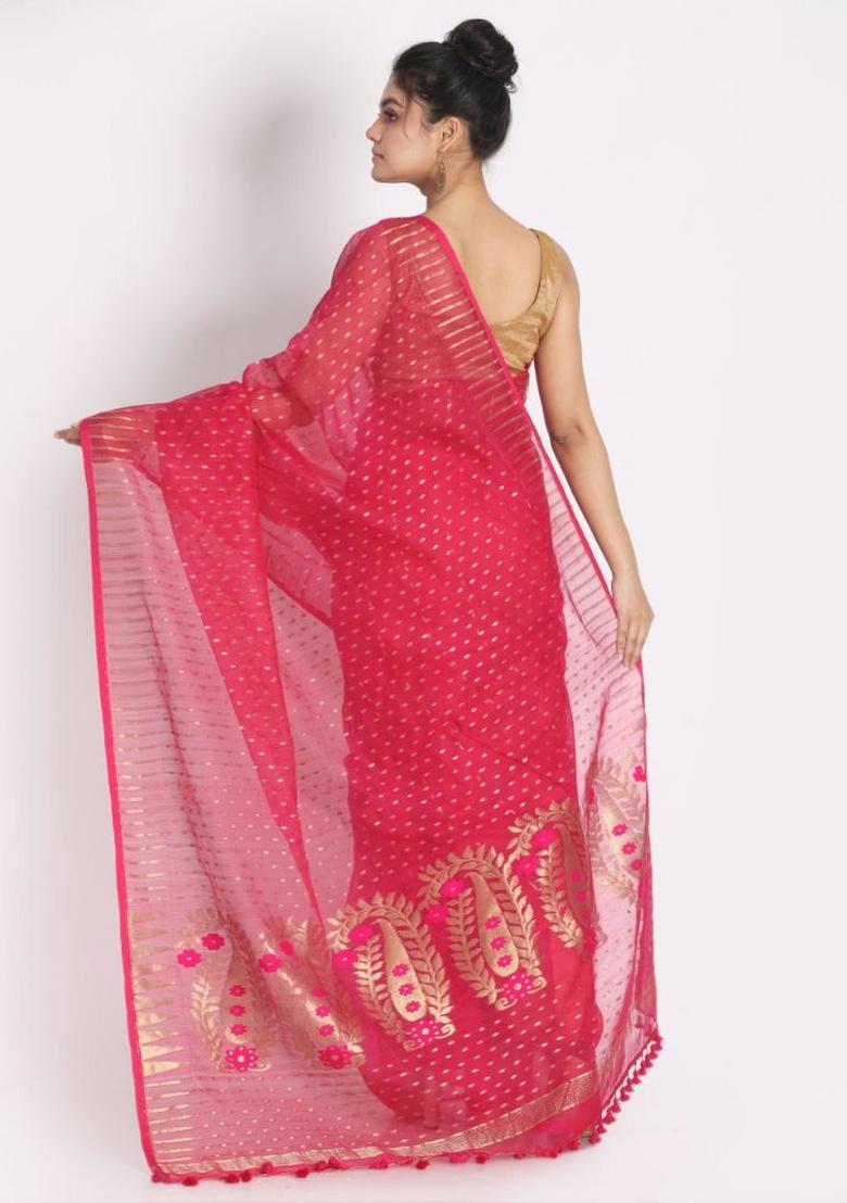 Rani Pink Embroidered Cotton Saree