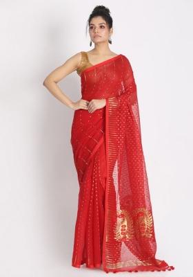 Red Embroidered Cotton Saree