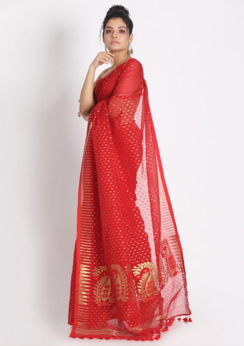 Red Embroidered Cotton Saree