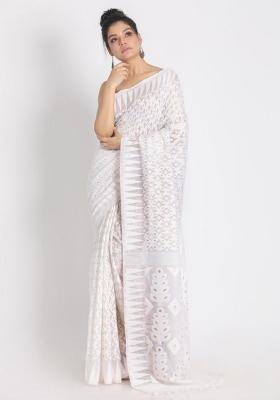 White Embroidered Cotton Saree