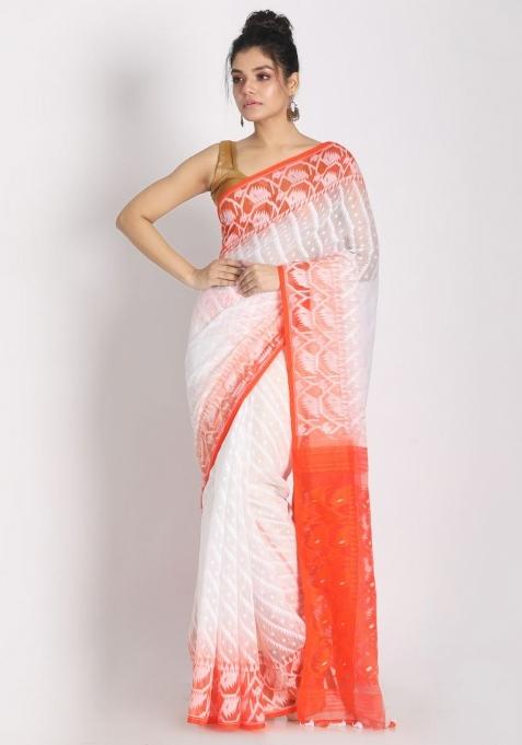 White Embroidered Cotton Saree