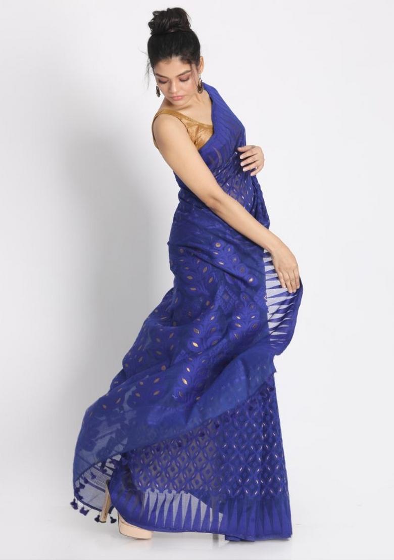 Royel Blue Embroidered Cotton Saree