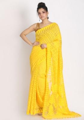 Yellow Embroidered Cotton Saree