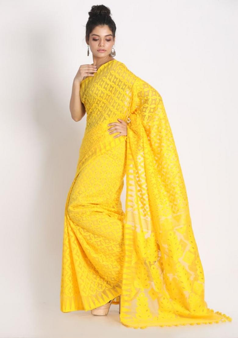 Yellow Embroidered Cotton Saree