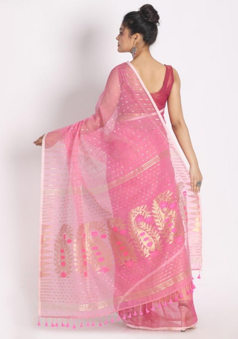 Pink Embroidered Cotton Saree