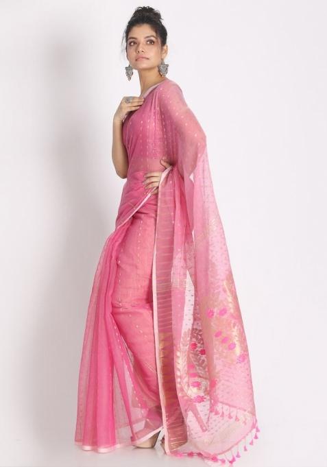 Pink Embroidered Cotton Saree