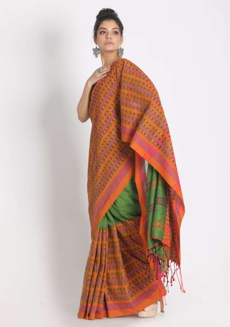 Green Solid Cotton Saree Set - Indya