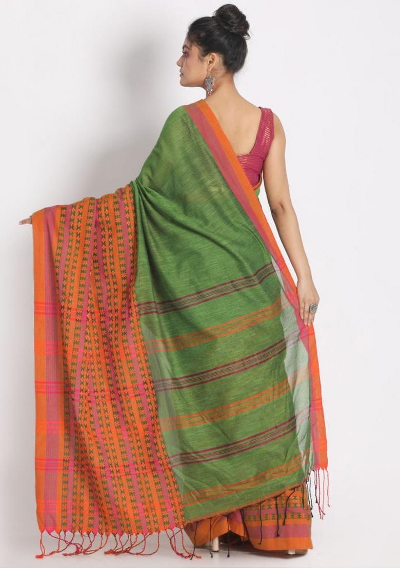 Green Solid Cotton Saree Set