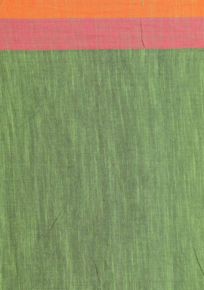 Green Solid Cotton Saree Set - Indya