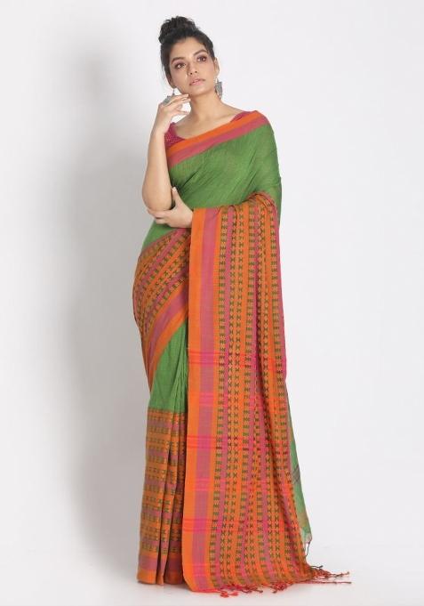 Green Solid Cotton Saree Set