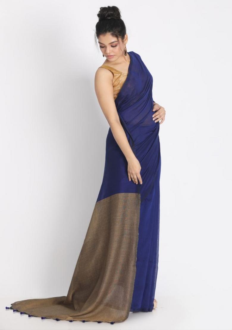 Blue Solid Cotton Saree Set