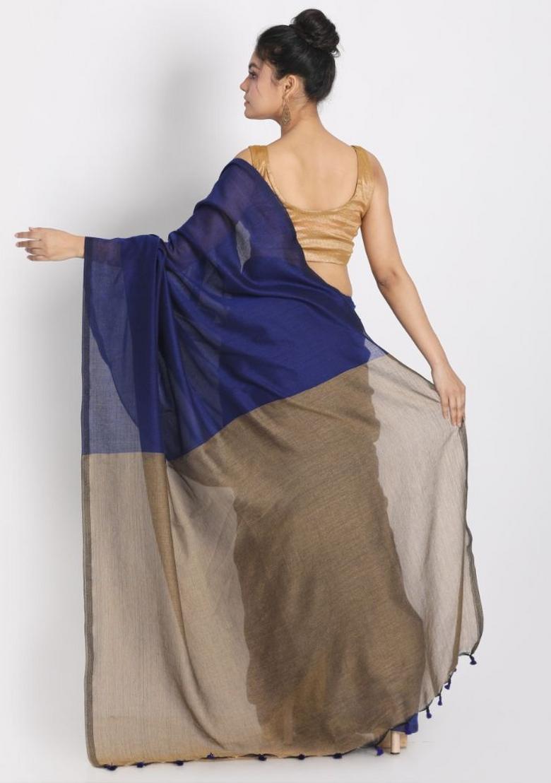 Blue Solid Cotton Saree Set