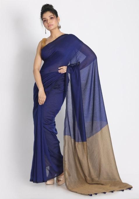 Blue Solid Cotton Saree Set
