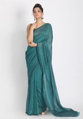 Teal Solid Cotton Saree Set