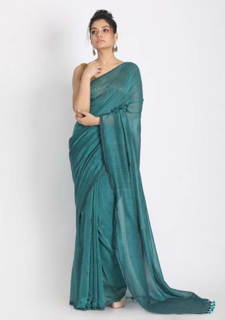 Teal Solid Cotton Saree Set for Diwali | Wedding & Festive Wear - Indya