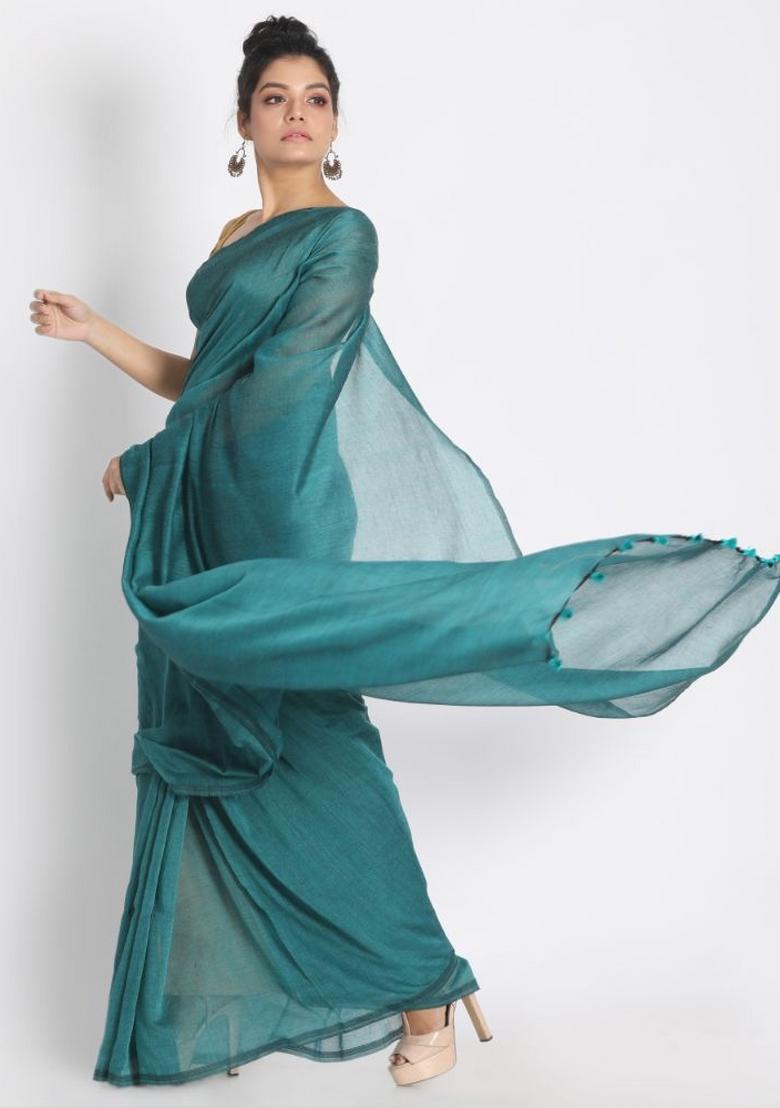 Teal Solid Cotton Saree Set