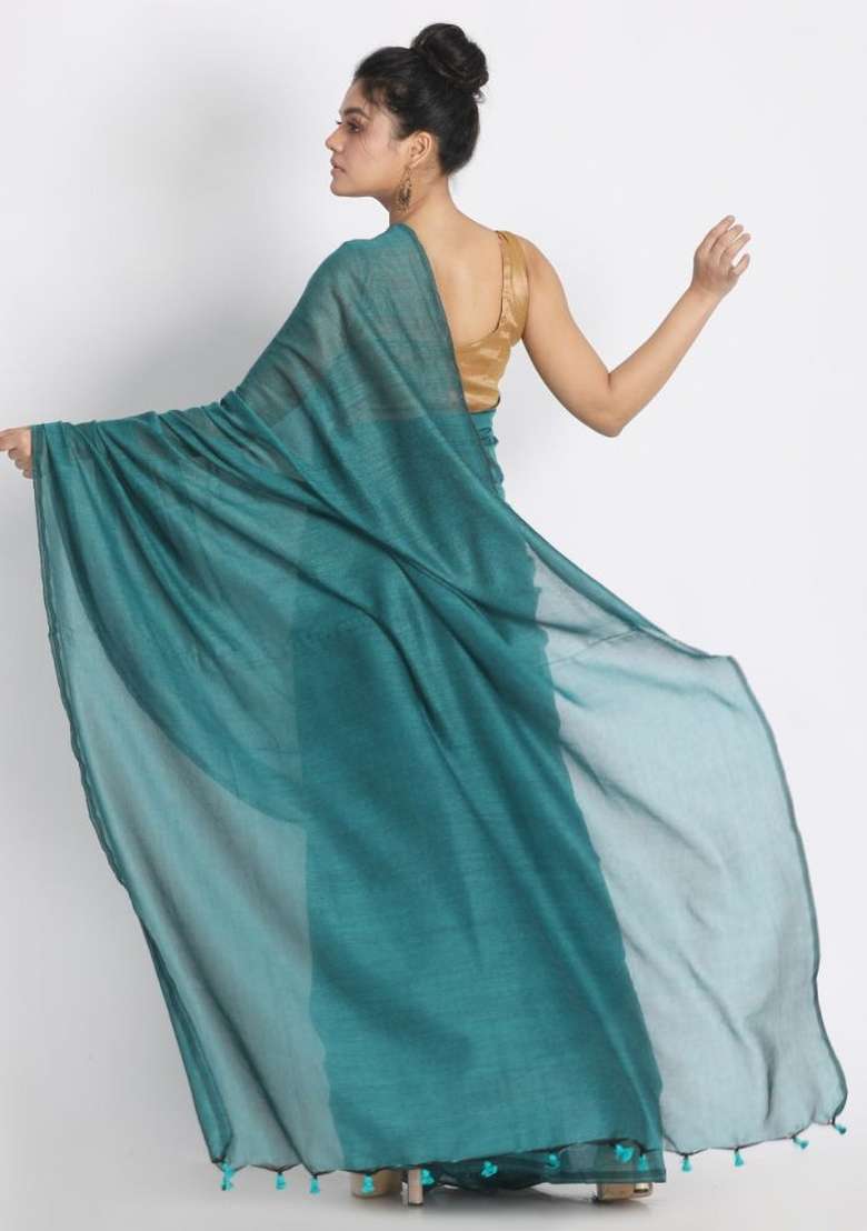 Teal Solid Cotton Saree Set for Diwali | Wedding & Festive Wear - Indya