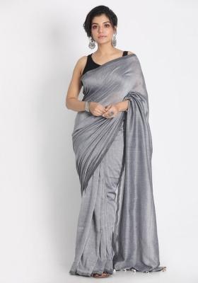 Silver Grey Solid Cotton Saree Set