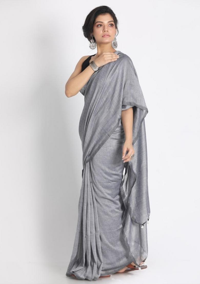Silver Grey Solid Cotton Saree Set
