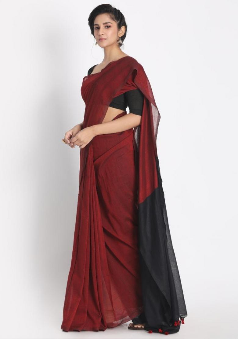 Maroon Solid Cotton Saree Set