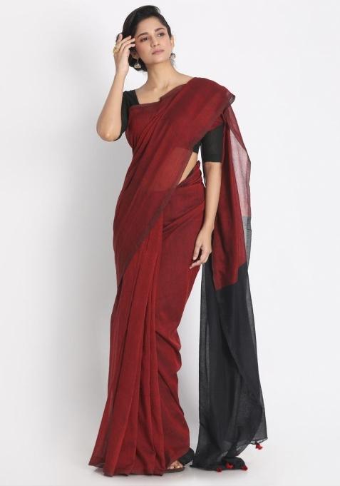Maroon Solid Cotton Saree Set